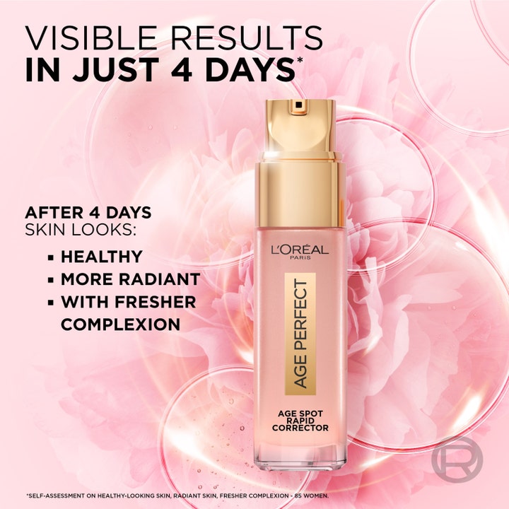 L'Oréal Paris Age Perfect serum mot åldersfläckar 30 ml i flaska med guldpump och texten visible results in 4 days.