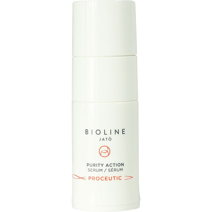 Bioline Jatò Purity Action Serum renande ansiktsserum i en stilren vit cylinderformad flaska med orange detaljer