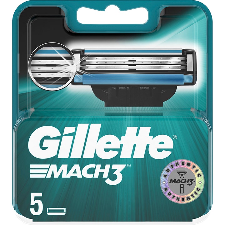 Gillette Mach3 5 st rakblad som ger en nära rakning i turkos förpackning med bild på ett trebladigt rakhuvud.