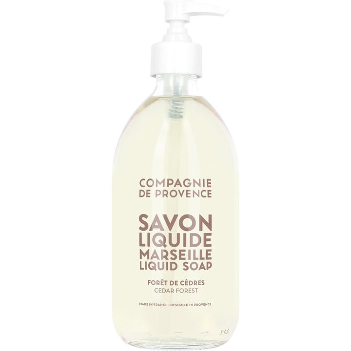 Compagnie de Provence Savon Liquide Marseille Cedar Forest 500ml flytande tvål i klar flaska med vit pump.