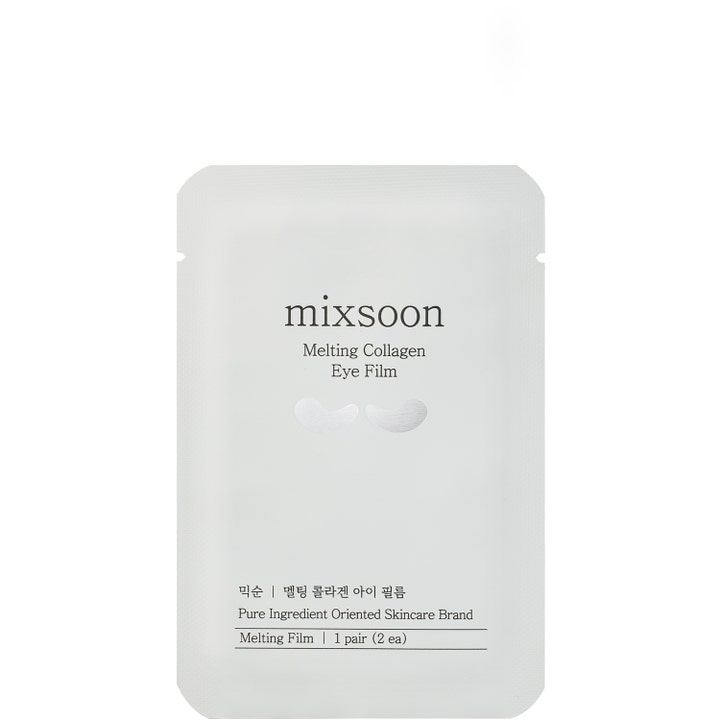 Mixsoon Melting Collagen Eye Film 1 par uppstramande ögonmasker i vit sachet med silvrig illustration.
