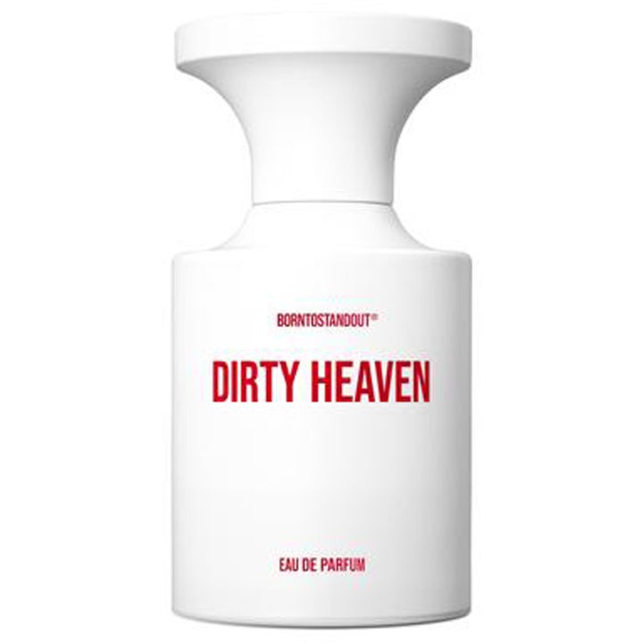 BornToStandOut Dirty Heaven Eau de Parfum 50ml parfym i vit ogenomskinlig flaska med röd text och utsvängd kork