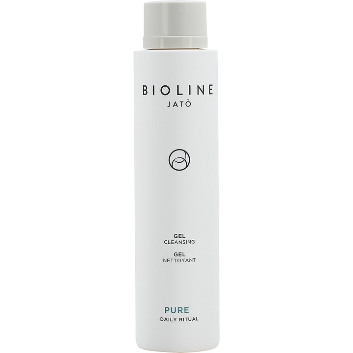 Bioline Jatò Pure Gel Cleansing alkoholfri rengöringsgel ansikte i en vit hög plastflaska med stilrent grått lock.