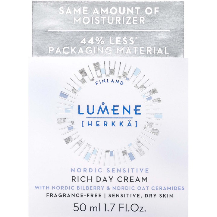 Lumene Nordic Sensitive Rich Day Cream 50 ml lugnande återfuktande dagkräm i vit förpackning med silverdetaljer