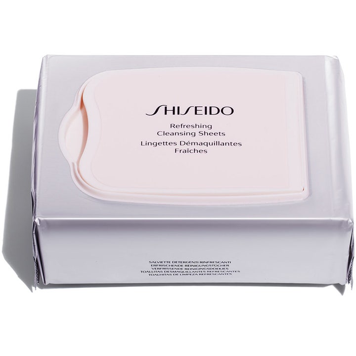 Shiseido Refreshing Cleansing Sheets rengöringsservetter ansikte i silvrig mjuk förpackning med ljusrosa plastlock.