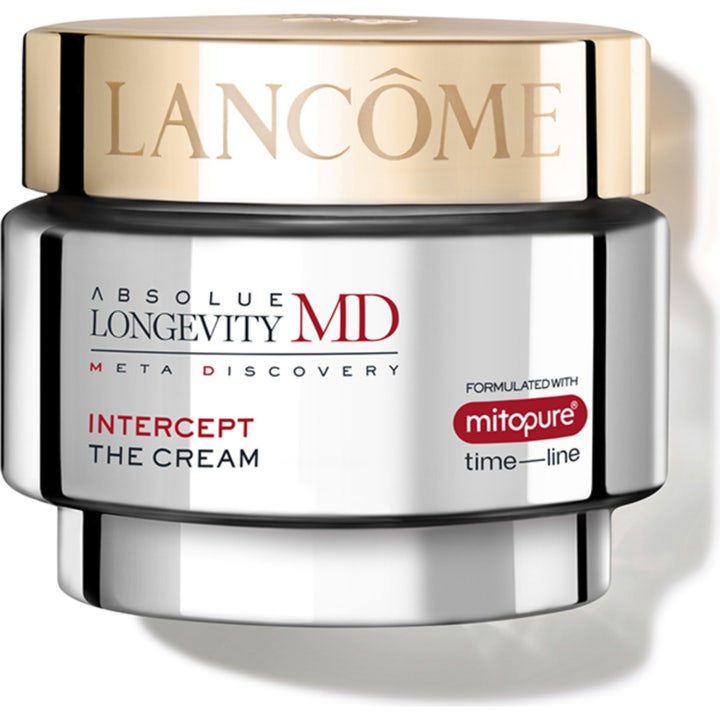 Lancôme Absolue Longevity MD Intercept The Cream föryngrande ansiktskräm i en lyxig silverfärgad burk med guldlock.