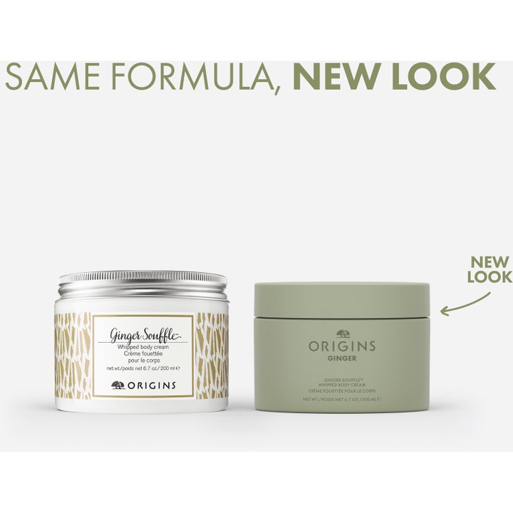 Origins Ginger Souffle Whipped Body Cream 200 ml återfuktande body cream i burk visar gammal och ny grön design.
