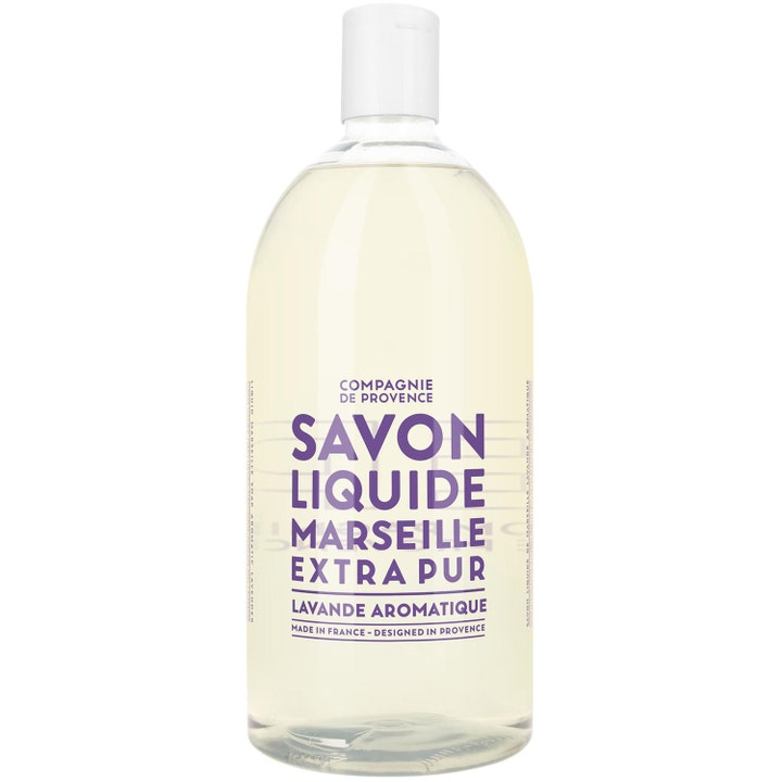 Compagnie de Provence Savon Liquide Marseille 1000ml aromatisk lavendeltvål i genomskinlig plastflaska med vitt lock
