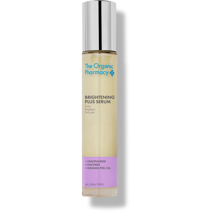 The Organic Pharmacy Brightening Plus Serum 30ml ger lyster med niacinamid i smal glasflaska med lila etikett och silverkork