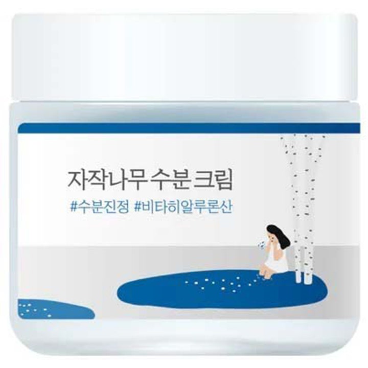 Round Lab Birch Juice Moisturizing Cream fuktgivande ansiktskräm björksaft i vit burk med illustration av björkar