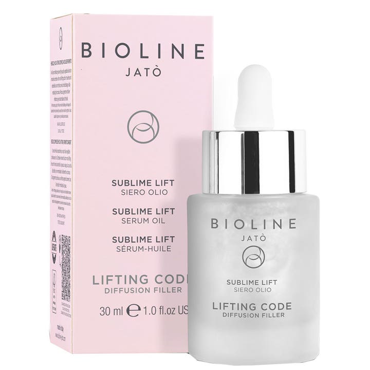 Bioline Jatò Sublime Lift Serum Oil 30 ml lyftande oljeserum i frostad glasflaska med silverlock och rosa kartong.