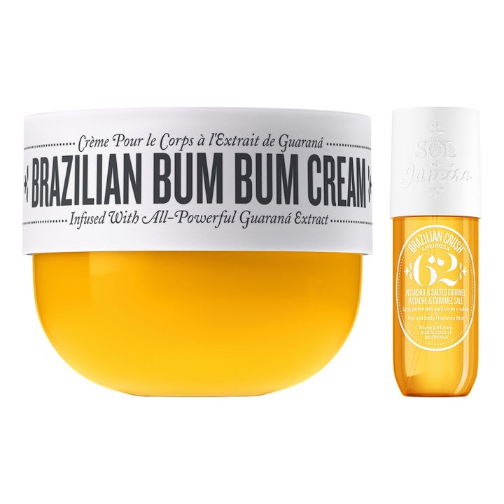 Sol de Janeiro Brazilian Bum Bum Cream och Body Mist med guaraná är en bumkräm brasilien i gul burk och sprayflaska.