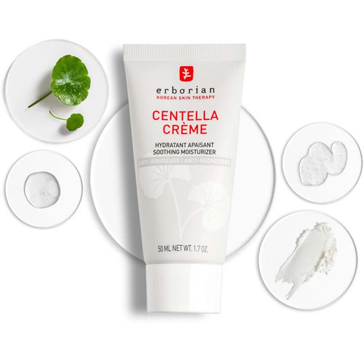 Erborian Centella Creme 50 ml anti-rodnad lugnande ansiktskräm i vit tub med centellablad och krämig textur.