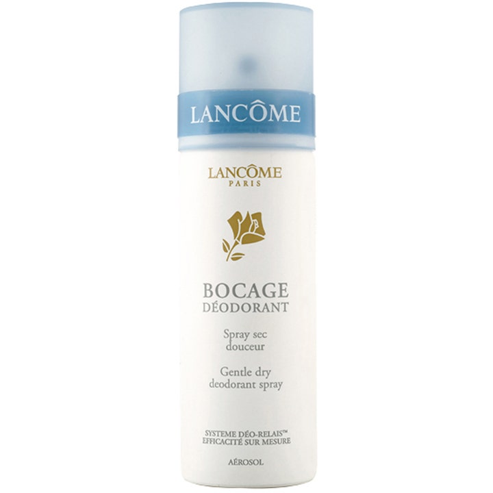 Lancôme Bocage Déodorant 125 ml skonsam deospray i vit flaska med guldlogotyp och ljusblått genomskinligt lock.
