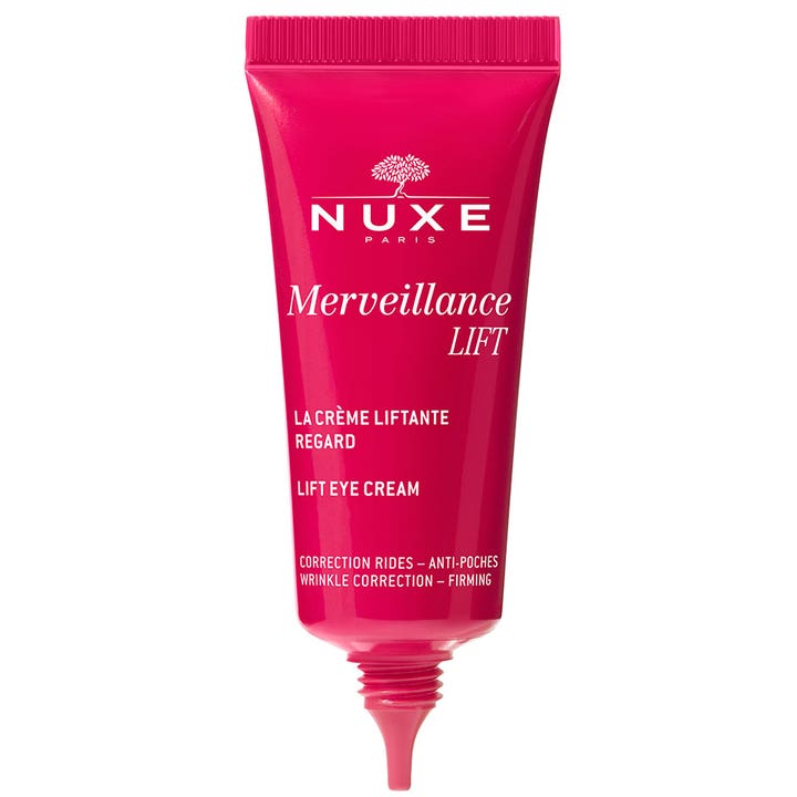 Nuxe Merveillance LIFT Eye Cream 15 ml fast ögonkräm mot påsar i ceriserosa tub med vit text och smal applikator.