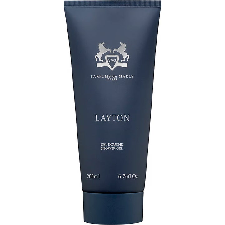 Parfums de Marly Layton 200ml väldoftande duschgel som ger lyxig rengöring i en marinblå tub med silvrig logotyp.