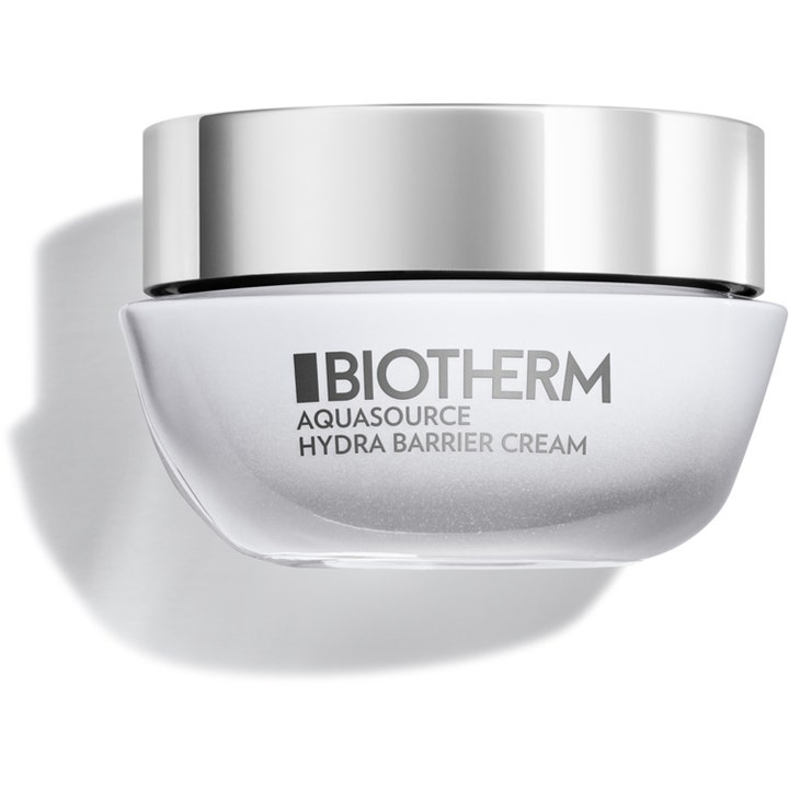 Biotherm Aquasource Hydra Barrier Cream barriärstärkande ansiktskräm i frostad glasburk med silverlock