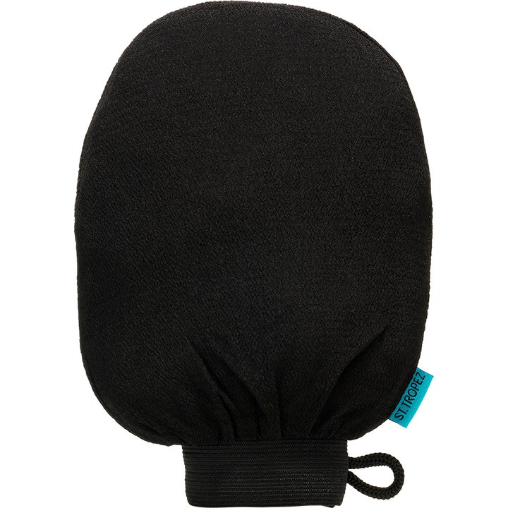 St.Tropez Tan Remover Mitt 1 st exfolieringshandske tar bort färg i svart texturerat material med blå logotyp.