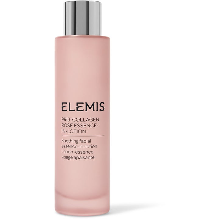 Elemis Pro-Collagen Rose Essence-In-Lotion 100 ml lugnande ansiktsessence i frostad rosa flaska med silverkork