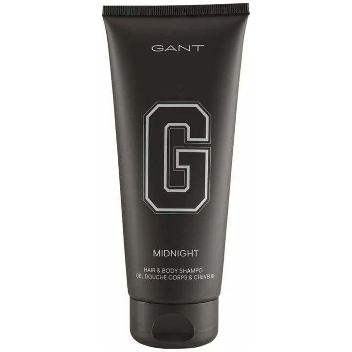 Gant Midnight Hair & Body Shampoo rengörande duschgel i en matt svart tub med stor silverfärgad G-logotyp.
