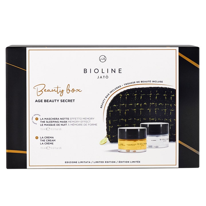 Bioline Jatò Age Beauty Secret presentset hudvård antiage i svart box med nattmask, kräm och necessär.