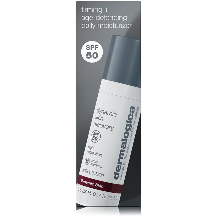 Dermalogica Dynamic Skin Recovery 15 ml dagkräm med SPF 50 ger fasthet i vit tub med grått lock och grå box