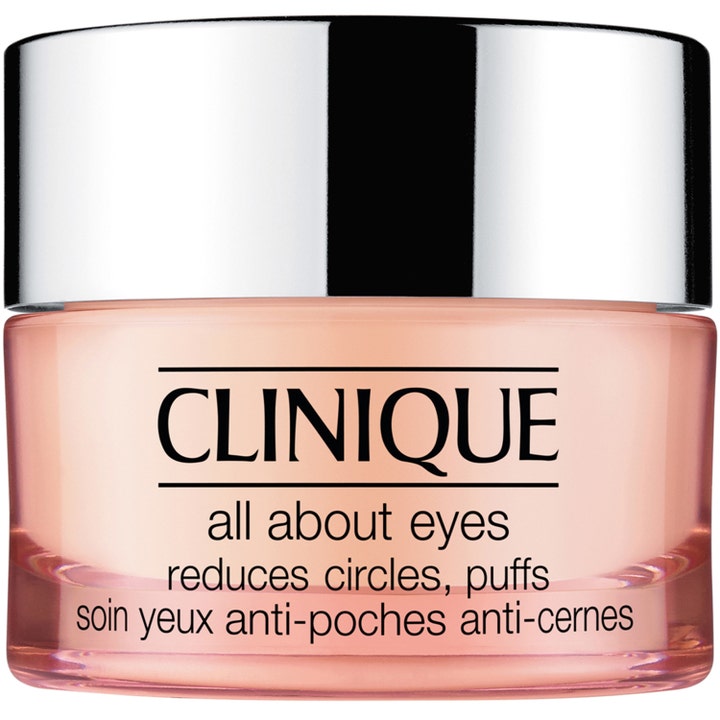 Clinique All About Eyes ögonkräm som motverkar mörka ringar i en persikofärgad glasburk med glansigt silverlock