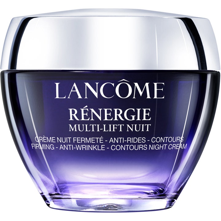 Lancôme Rénergie Multi-Lift Nuit anti-aging nattkräm i en elegant mörkblå glasburk med silvrigt lock.