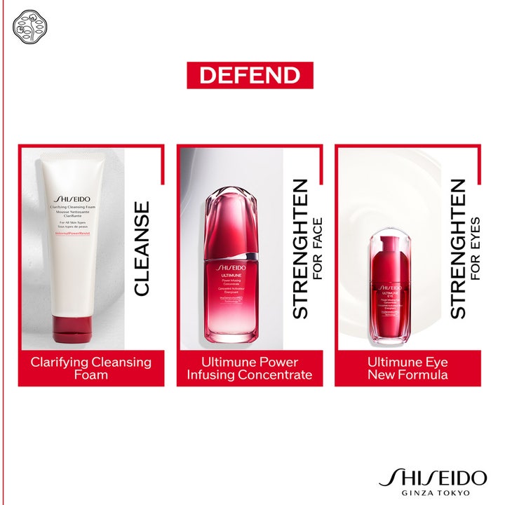 Shiseido Ultimune Power Infusing Eye Concentrate 15 ml anti age ögonkräm för mörka ringar i en röd trestegsrutin.