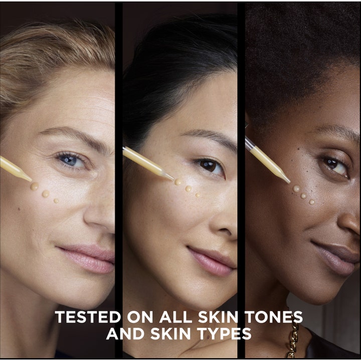L'Oréal Paris Cell Renewal Midnight Serum 30 ml hudförnyande serum appliceras med pipett på tre olika hudtoner.