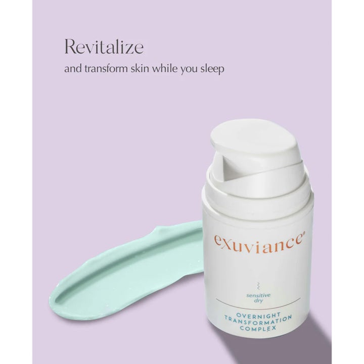 Exuviance Overnight Transformation Complex 50 g nattkräm komplex för känslig hud med mintgrön krämtextur i vit flaska.
