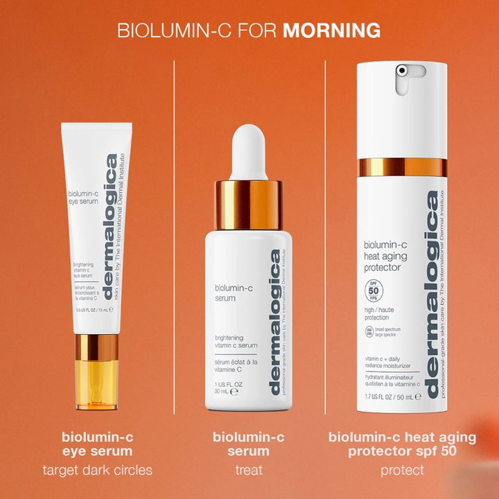 Dermalogica Biolumin-C SPF50 Duo 100 ml lysterivande hudvård med vitamin C och SPF 50 i vita flaskor mot orange bas.