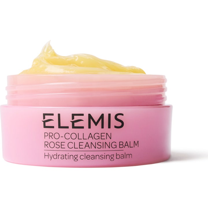 Elemis Pro-Collagen Rose Cleansing Balm återfuktande rengöringsbalsam i rosa burk med krämig gul formula.