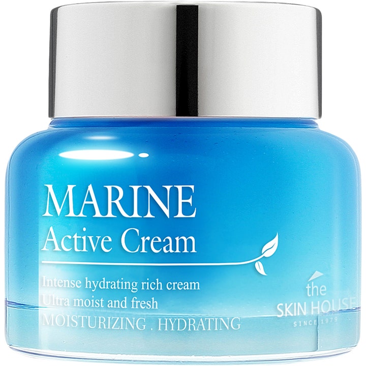 The Skin House Marine Active Cream havsextrakt återfuktande ansiktskräm i blå glasburk med silverlock ger fräsch hydrering.