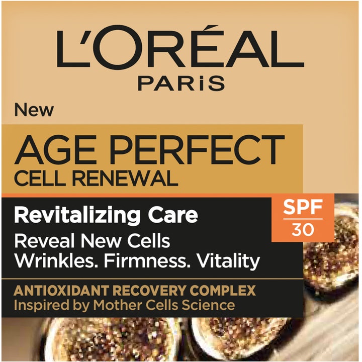 L'Oréal Paris Age Perfect Cell Renewal 50 ml återfuktande dagkräm med solskydd SPF30 i guld- och svart förpackning