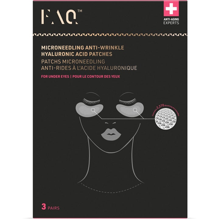 FAQ Swiss Microneedling Hyaluronic Acid Patches 3 par mot rynkor i svart förpackning med grafisk ansiktsillustration