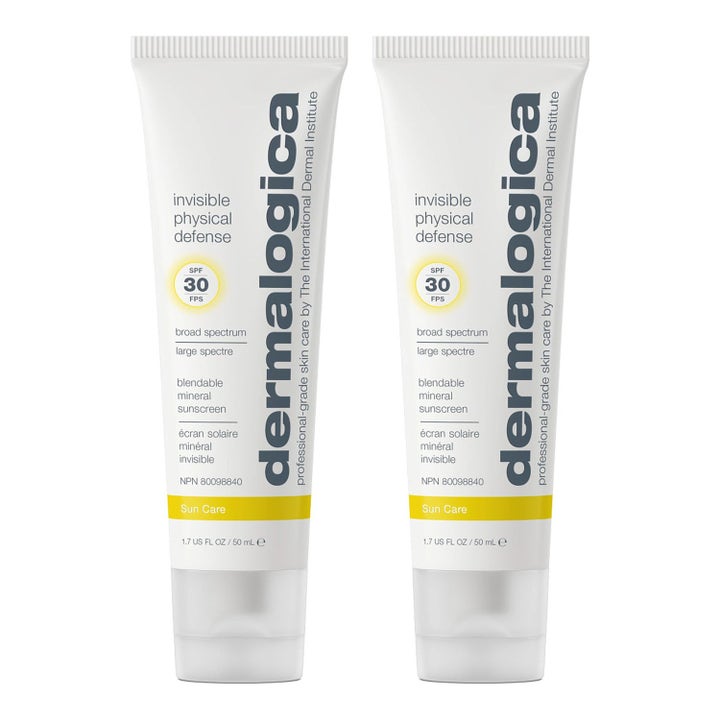 Dermalogica Invisible Physical Defense 50 ml mineraliskt solskydd SPF 30 i två vita plasttuber med gula detaljer