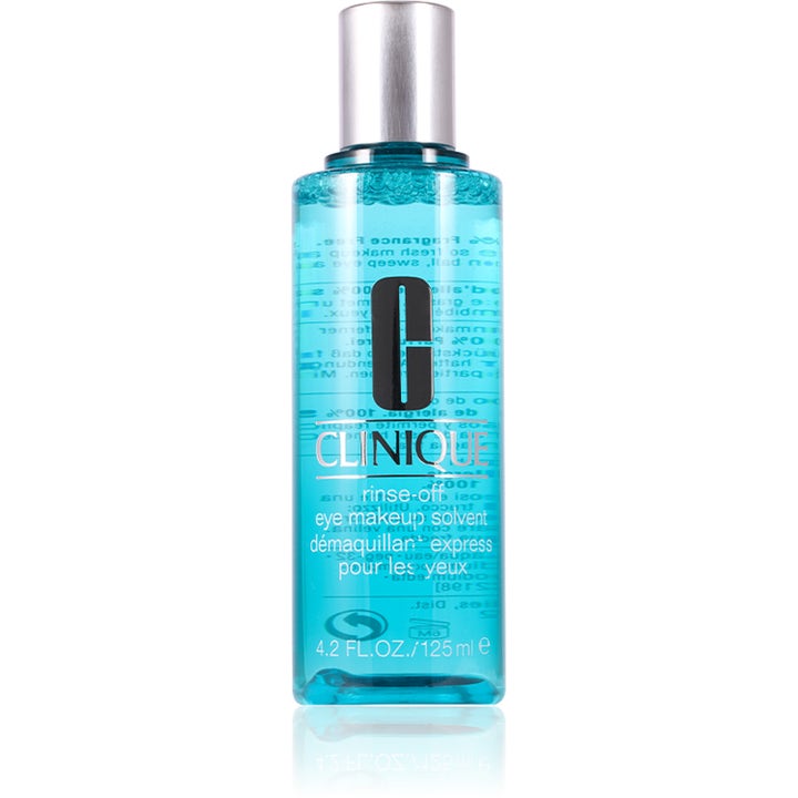 Clinique Rinse-Off Eye Makeup Solvent 125 ml effektiv ögonmakeupborttagning i en genomskinlig blå flaska med silverkork