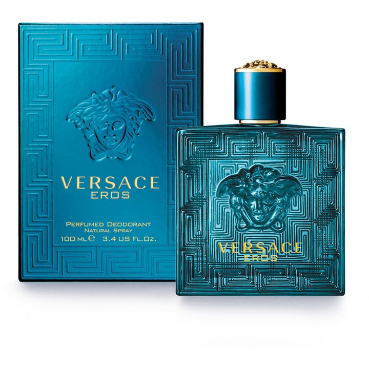 Versace Eros Pour Homme Deo Spray 100 ml fräsch herrdeodorant i turkos flaska och ask med Medusa-emblem