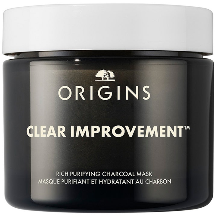 Origins Clear Improvement Rich Purifying Mask 75 ml djuprengörande ansiktsmask i en svart burk med vitt lock