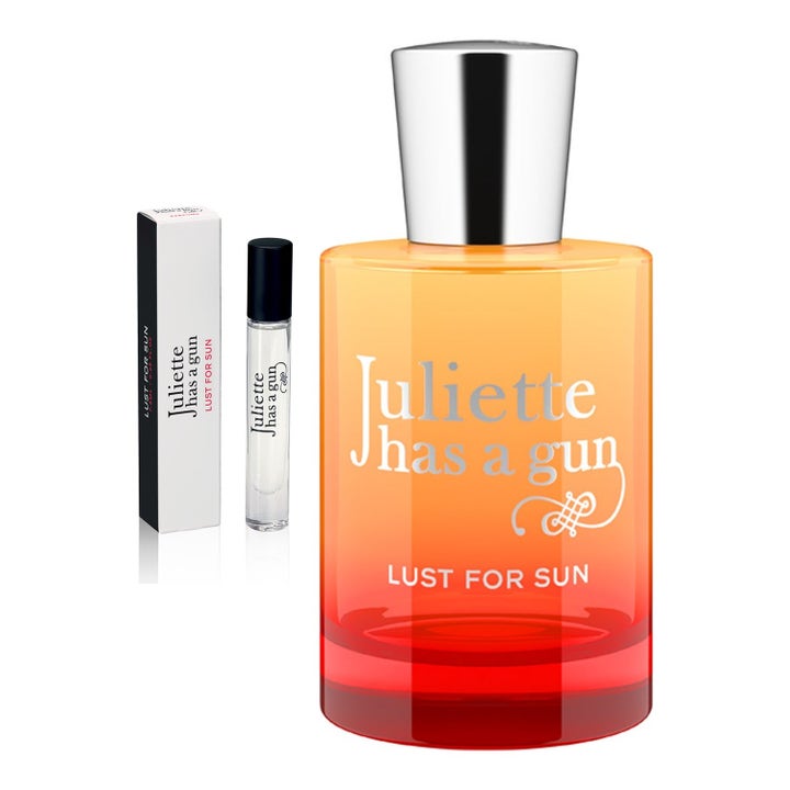 Juliette has a gun Lust For Sun eau de parfum i gul och röd glasflaska med silverlock och en liten provflaska