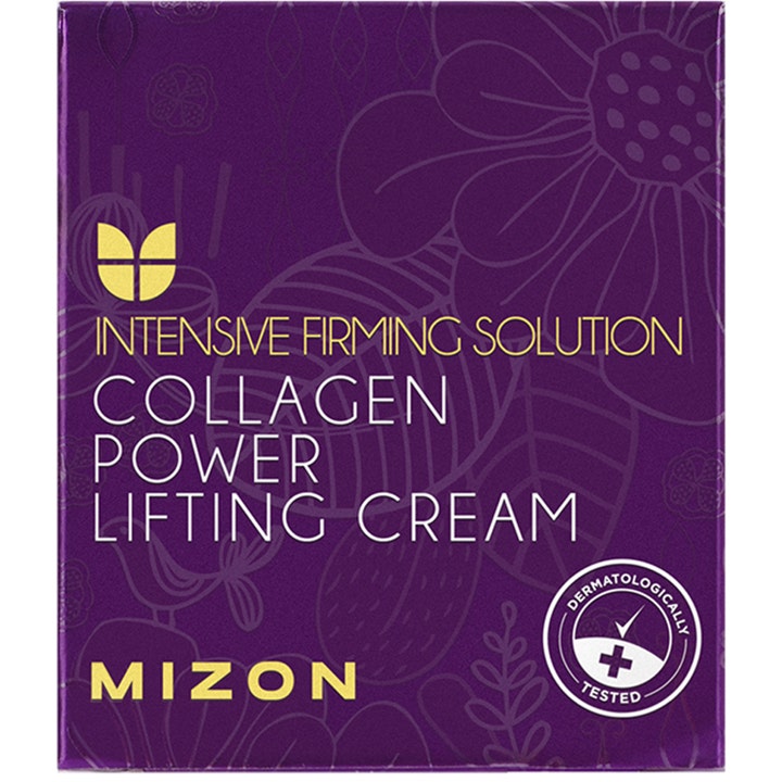 Mizon Collagen Power Lifting Cream 75 ml anti-rynk kollagen kräm i lila ytterförpackning med blommigt mönster