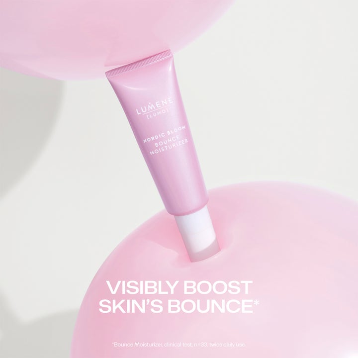 Lumene Bounce Eye Cream 10 ml återfuktande ögonkräm i rosa tub mellan ballonger med texten Visibly boost skin's bounce.