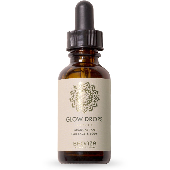 Bronza Glow Drops 30ml självbrunningsdroppar för naturlig lyster i brun glasflaska med svart pipettkork.