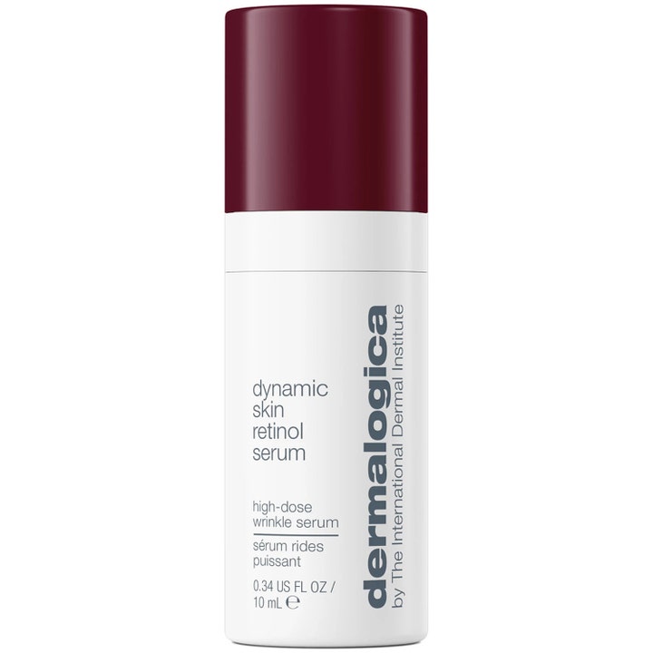 Dermalogica Dynamic Skin Retinol Serum 10 ml högdoserat retinol serum för hudföryngring i vit flaska med mörkrött lock.