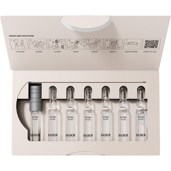 Babor Ampoule Hydra Plus 14 ml hyaluronsyra ampull ansiktsserum i öppen ask med sju glasampuller och användarguide.