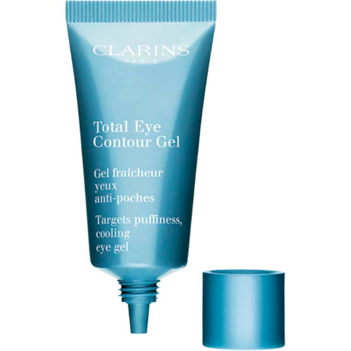 Clarins Total Eye Gel 20 ml puffminskande ögon gel i blå tub som ger en svalkande och återfuktande effekt.