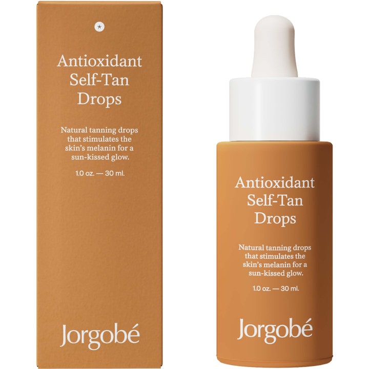 Jorgobé Antioxidant Self-Tan Drops 30 ml solkysst ansiktsdroppar i brun flaska med vit pipett och förpackning