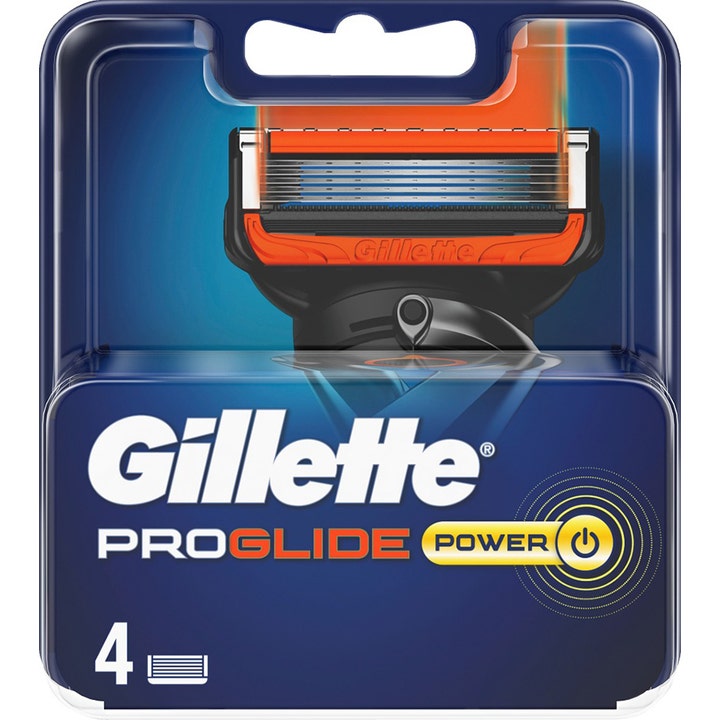 Gillette ProGlide Power 4-pack rakblad ger en nära rakning i blå plastförpackning med orange detaljer