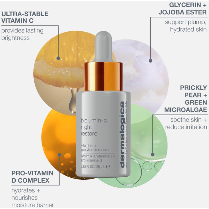 Dermalogica Biolumin-C Night Restore 25 ml lystergivande serum i grå flaska med vitamin C och pro-vitamin D komplex